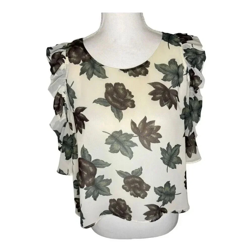 Avec Les Filles Women’s Medium White Floral Print Short Sleeve Cold Shoulder Top